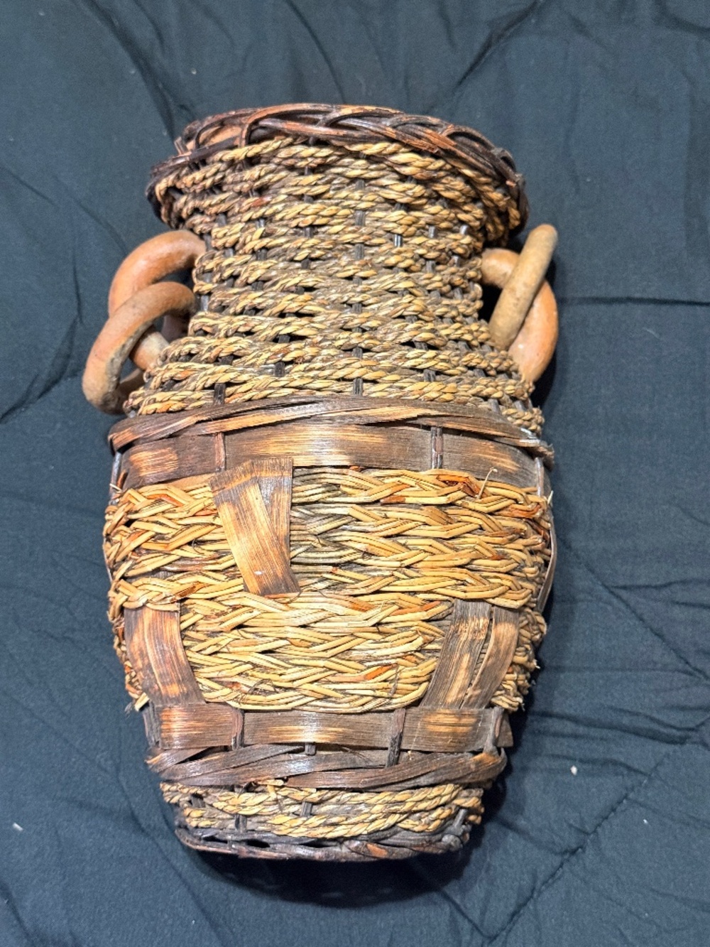 Vintage Handwoven Rustic Basket Vase – Wood & Natural Fiber – Two Wooden Handles